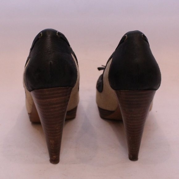 ZARA Peep Toe Canvas Pumps Heels Navy Cream Nautical Style Vintage Sz 37 US 6.5 - Picture 4 of 14